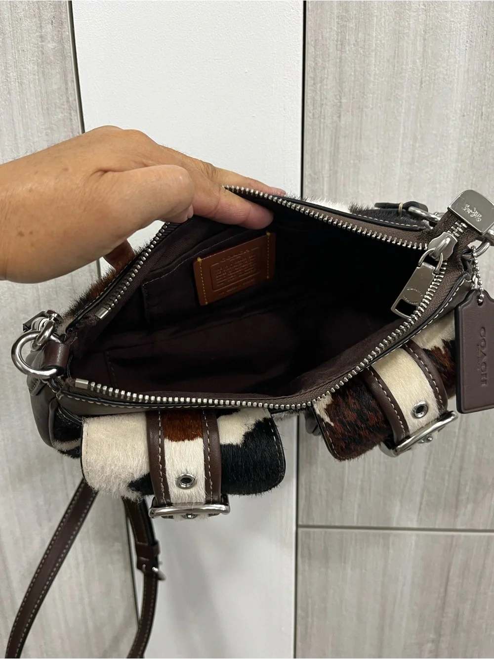 Cowhide Ashton Patch Leather Crossbody Bag in Brown and White - Picture 5 of 12